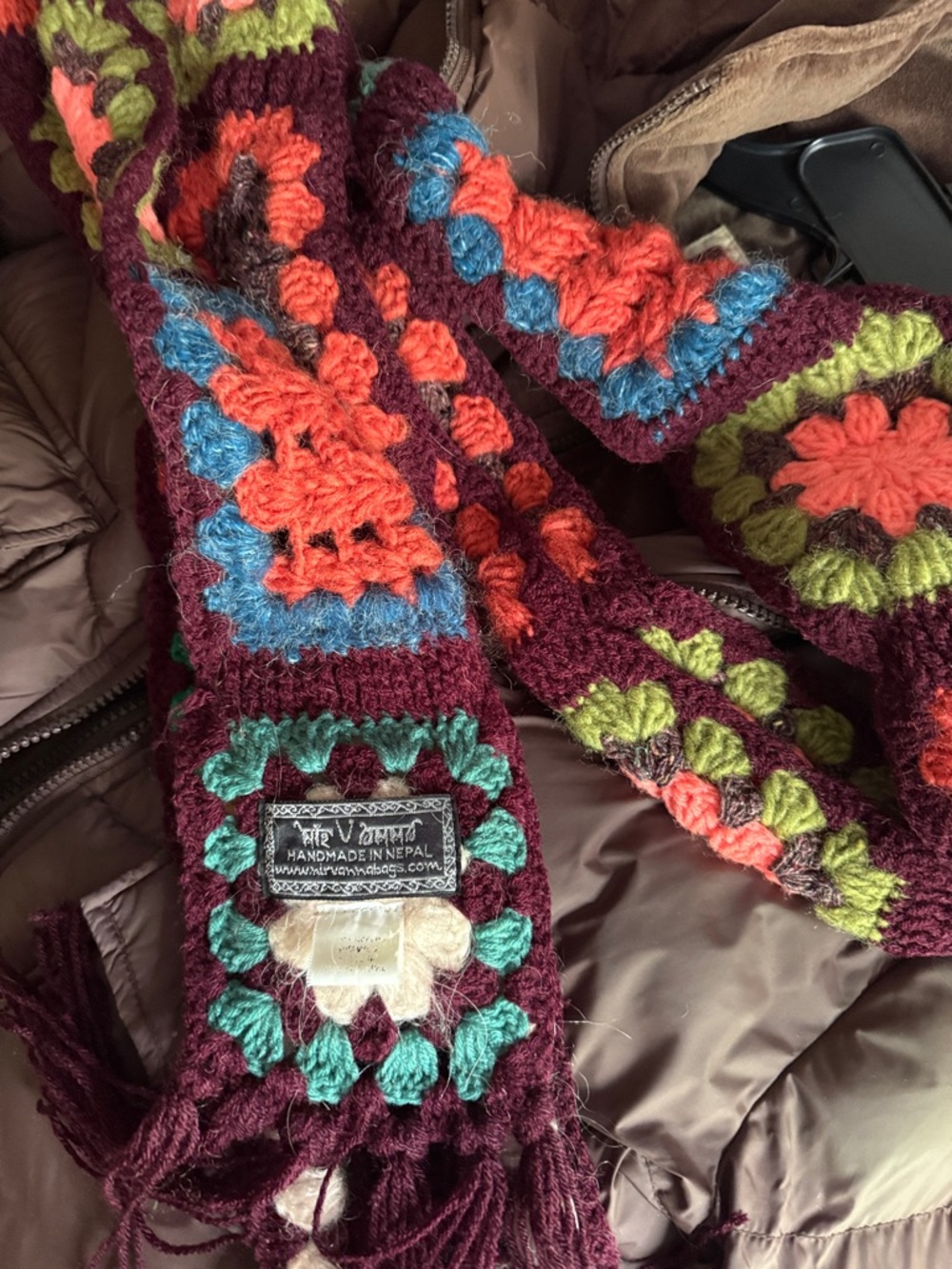 Handmade Crocheted Scarf with Bright Multicolor Squares